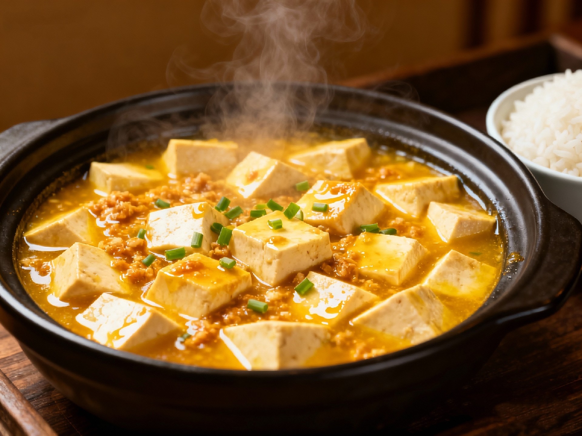 1761983535150046.jpg jimeng-2025-10-17-2210-中式菜肴蟹粉豆腐特写,嫩滑的豆腐块浸润在金黄的蟹粉汤汁中,表面撒有细小葱花,旁边....jpg